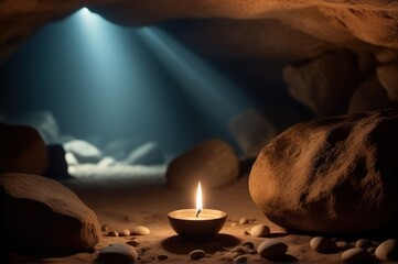 Candle in a stone cave.