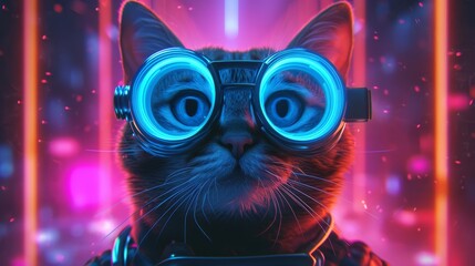 Wall Mural - Portrait of a cat with glasses and neon lights on the background