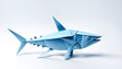 Thunfisch Schwarmfisch mit Flossen Fisch in geometrischen Formen, wie 3D Papier in weiß Origami Falttechnik Tier Logo Vorlage wildlebende Tiere, Ozean, Meer, Fischfang, Schuppen, Gräten, Konserven 