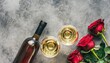 flat lay of red rose and white wine in glasses over grey concrete background top view wine bar winery wine degustation concept