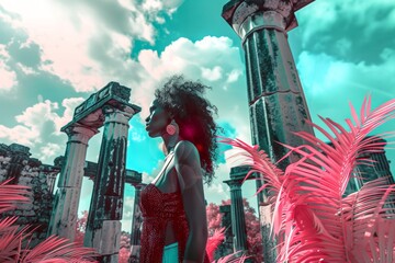 A woman gazes up at the towering stone structure, her eyes following the wispy clouds as they dance across the vibrant blue sky, framed by the lush greenery of palm trees and a mesmerizing piece of o