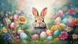 A bunny and colorful easter eggs with floral background