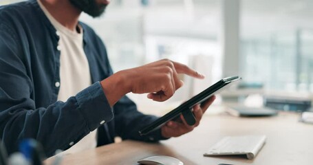 Poster - Businessman, tablet and hands in office for research, communication and project planning at workplace. Closeup, entrepreneur and employee with technology for networking, scroll and browsing at desk