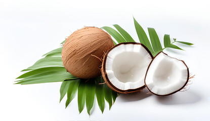 Wall Mural - Fresh raw coconut with palm leaves isolated on white background.