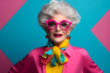 Wall Mural - a senior woman in a pink and yellow blouse with glasses, in the style of pop art bright, light aquamarine and pink, photo taken with provia, spirited movement, shaped canvas