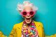 persona old lady wearing pink sunglasses against a colourful background, in the style of playful poses, shaped canvas, light aquamarine and yellow, photo taken with provia, lively and energetic