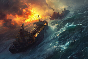 Wall Mural - group of oil tankers in a stormy sea