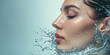 The face of a calm woman with water splashing harmoniously around her. Woman's face with freshness, hydration and natural beauty skin care