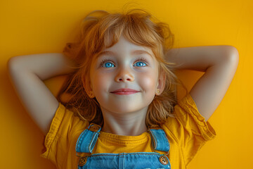 Wall Mural - A joyful child on a sunny yellow background, capturing the innocence and exuberance of youth. Concept of pure happiness. Generative Ai.