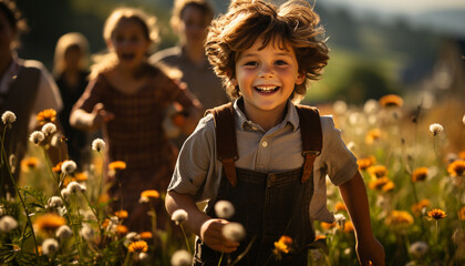 Wall Mural - Smiling boys enjoying summer, nature, childhood, and cheerful togetherness generated by AI