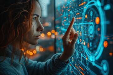 Agile software development or project management using kanban or scrum methodology boards. Process, workflow, visual organisation tools. Finger touching virtual interface.
