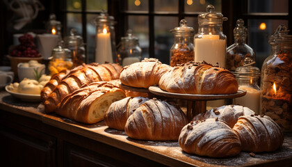 Canvas Print - Freshly baked bread on a rustic wooden table, homemade and gourmet generated by AI