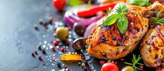 Wall Mural - Selective focus on table with cooked chicken, tomato, onion, pepper, and olive.