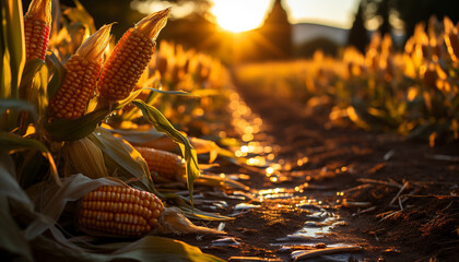 Wall Mural - Rural scene, autumn sunset, corn crop, organic harvest, fresh vegetables generated by AI