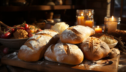 Sticker - Freshly baked bread on a wooden table, a homemade gourmet delight generated by AI