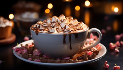 Poster - Hot chocolate, coffee cup, frothy drink, sweet food, rustic decoration generated by AI