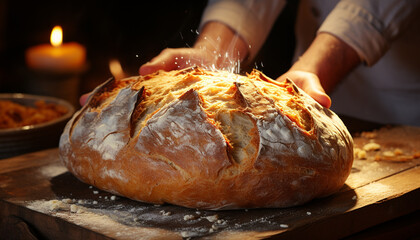 Wall Mural - Freshly baked bread on wooden table, a delicious homemade meal generated by AI