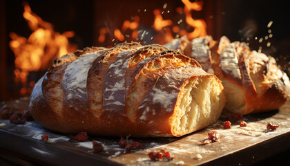 Wall Mural - Freshly baked bread on a rustic wooden table, ready to eat generated by AI