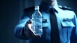 Close-up of a uniformed hand holding a clear water bottle. Concept of clean water access, hydration health, public service, and essential workers.