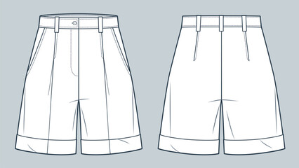 Wall Mural - Cuff Shorts technical fashion illustration. Short Pants fashion flat technical drawing template, high waist, pockets, front and back view, white, women, men, unisex CAD mockup.