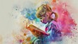 © mashimara - A child sits reading on a colorful paint splash, blending art and education in a vibrant composition. Ideal for themes on creativity, learning, and childhood.