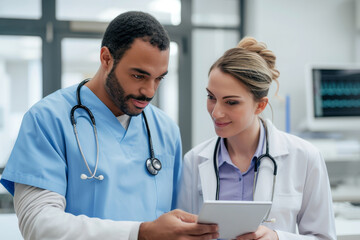 Doctor and nurse looking at test results on tablet, talking about patients diagnosis.