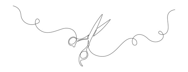 Fototapete - One continuous line drawing of hair scissors. Minimalistic web banner and modern logo of barber shop and hairdressing salon in simple linear style. Editable stroke. Doodle vector illustration