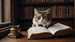Kot intelektualista w domowej bibliotece