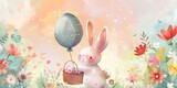 Fototapeta Dziecięca - Happy Easter postcard. Whimsical illustration of a cute bunny,  sitting in a serene spring garden flowers and easter eggs. Cute children decor.
