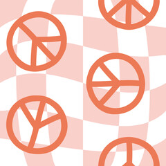 Wall Mural - Vector seamless pattern of groovy peace sign isolated on pink chessboard background