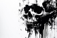 Disintegrating Skull Illustration With Dynamic Black Ink Splatters On A White Background