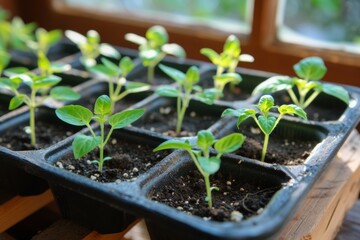 Spring seedlings in trays. Background with selective focus and copy space