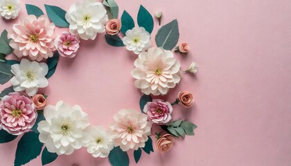  paper flowers frame on pink background with copy space flat lay top view