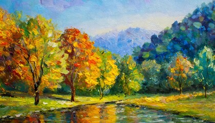 Wall Mural - oil painting landscape colorful trees hand painted impressionist outdoor landscape