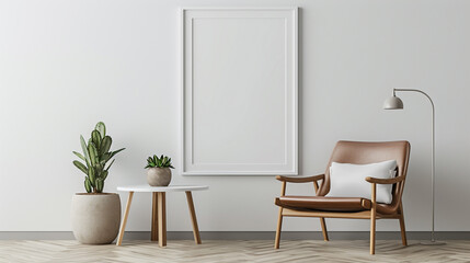 Wall Mural - A minimalist setup with a white frame mockup on the wall, a mid-century modern chair, and a side table with a succulent.