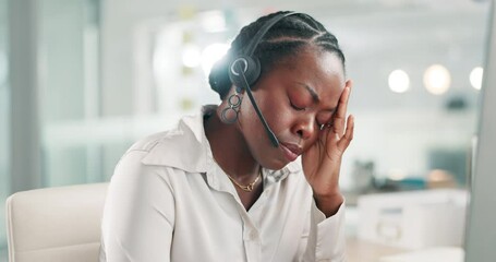 Aufkleber - Call center, stress and black woman with headache in office for customer service, pain and fatigue. Telemarketing, migraine and sales consultant frustrated with client, anxiety or tired of burnout