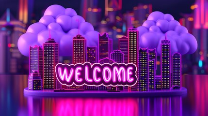 Wall Mural - Interactive holographic  welcome  icon shining big in the air, futuristic technology concept