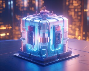 A futuristic looking machine with neon lights. Generative AI.