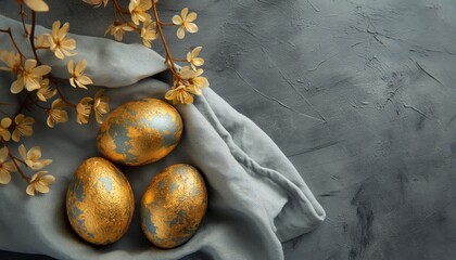 Wall Mural - Golden easter eggs and blooming branch on grey textured background