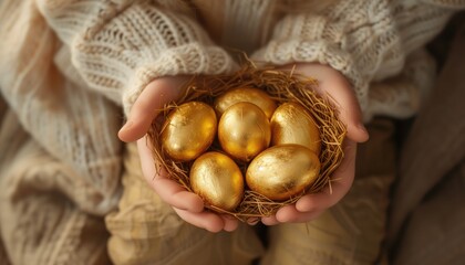 Wall Mural - Woman holding golden eggs in nest, closeup. Happy Easter celebration