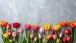 Assorted colorful tulips on a grey concrete background perfect for spring decor. Springtime floral design with a flat lay composition and copy space.