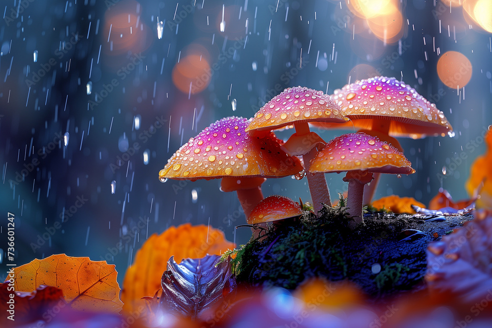 Autumn seasonal background, little mushrooms growing on a tree trunk in ...