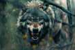 An aggressive gray wolf growling amidst foliage in the wilderness