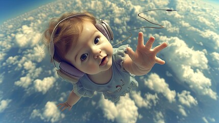 Wall Mural - flying baby in the headphones. Generative AI