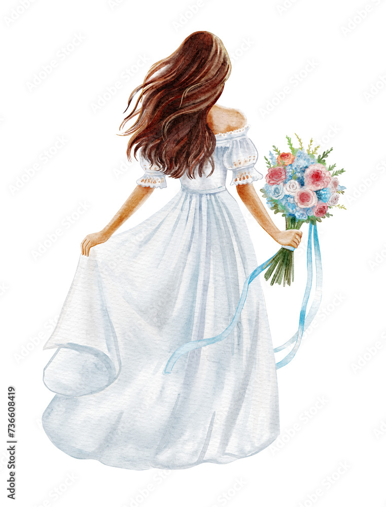 Girl woman with long brown hair in a long white dress with a bouquet of ...