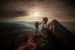 © raquel - Hiker helping friend reach the mountain top, Concept of teamwork and business success