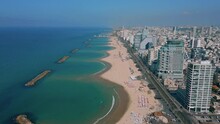 Tel Aviv Seascape Promenade And Hotels Skyline Aerial Drone View 4k 