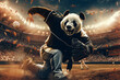 Dynamic shot of a panda pitcher in full uniform mid throw on the mound stadium lights ablaze