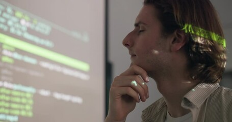 Man, presentation and coding for technology in office with thinking for web 3.0 development. Programmer, projector or person with software for idea, solution or strategy by board with script analysis