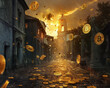 Surreal scene of gold coins and bitcoins raining down from a stormy sky onto an ancient cobblestone plaza